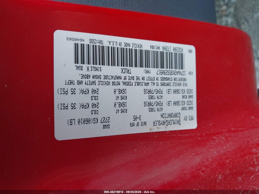 DODGE DAKOTA 2005 VIN 1D7HW42K85S290917