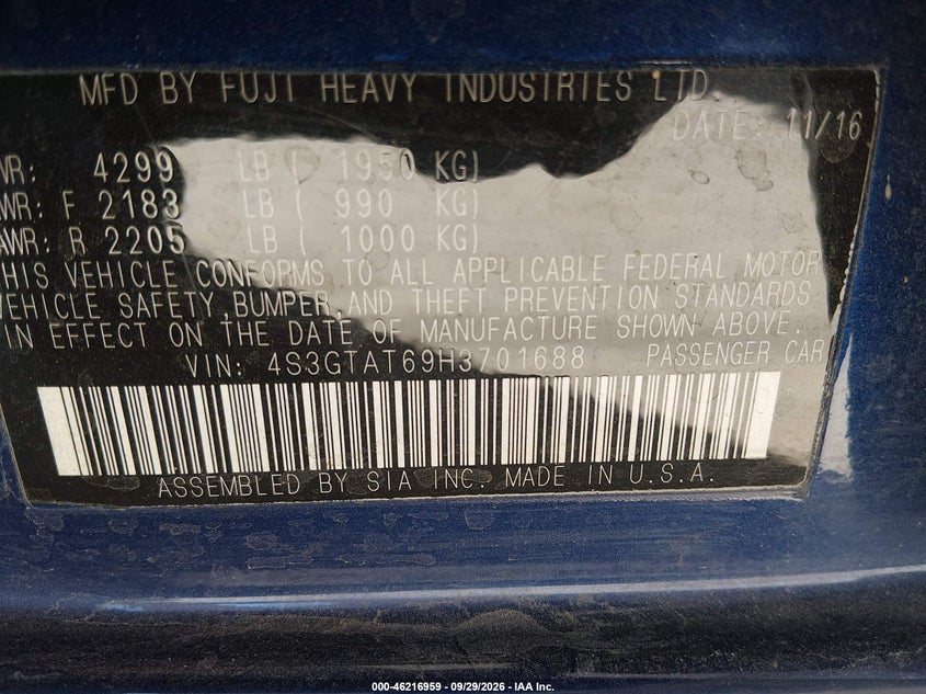 SUBARU IMPREZA 2017 VIN 4S3GTAT69H3701688