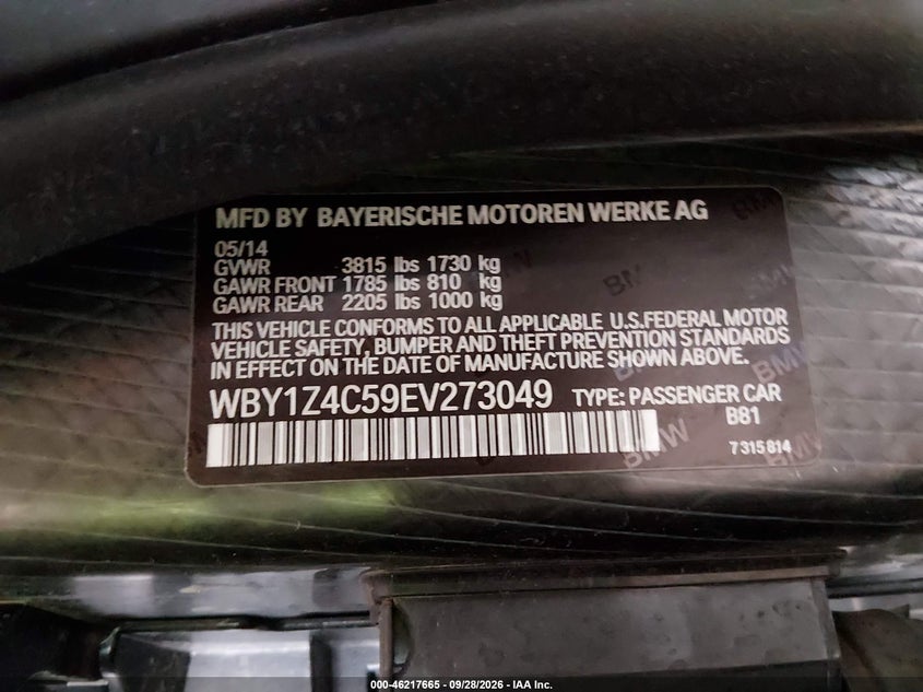 BMW I3 2014 VIN WBY1Z4C59EV273049