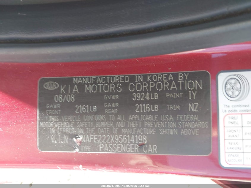 KIA SPECTRA 2009 VIN KNAFE222X95614198