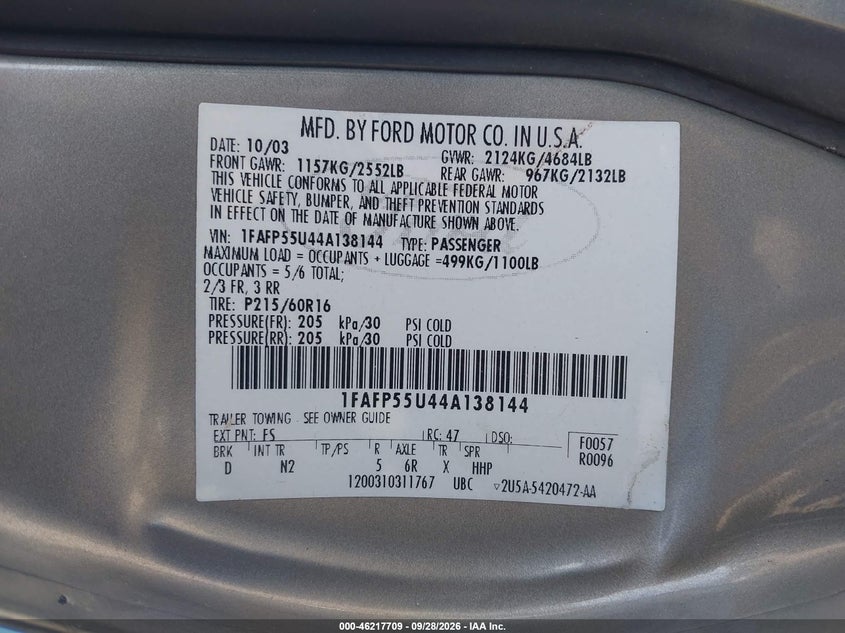FORD TAURUS 2004 VIN 1FAFP55U44A138144
