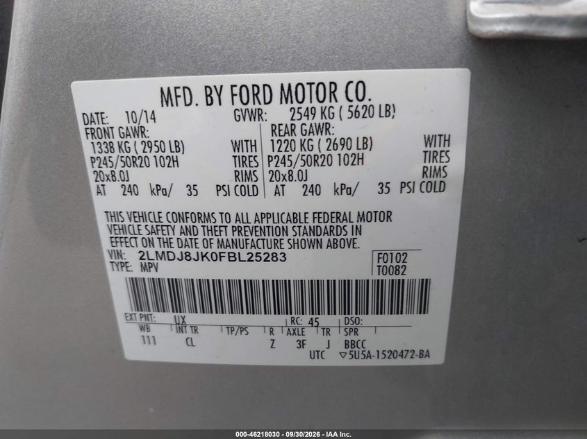 LINCOLN MKX 2015 VIN 2LMDJ8JK0FBL25283