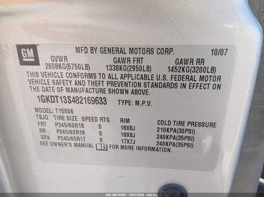 GMC ENVOY 2008 VIN 1GKDT13S482169633