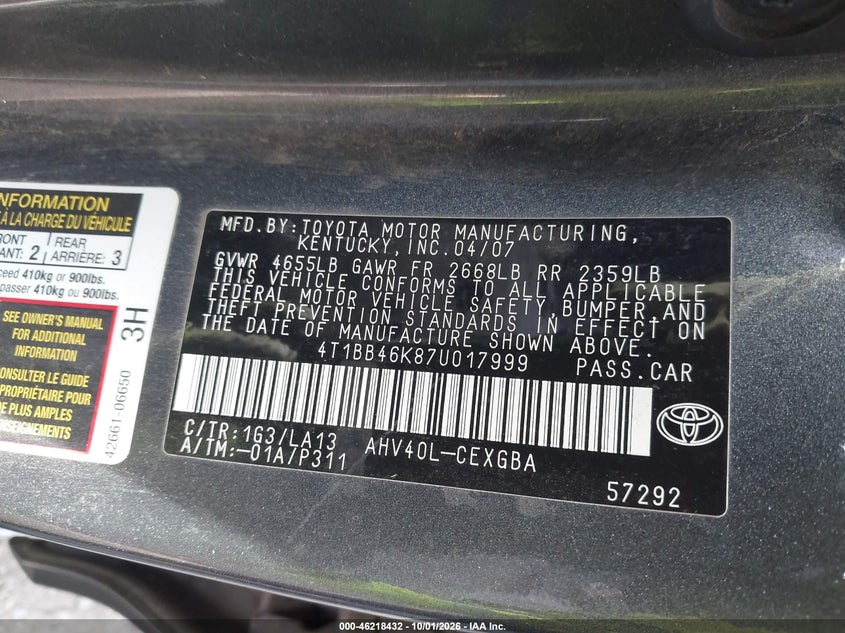 TOYOTA CAMRY HYBRID 2007 VIN 4T1BB46K87U017999