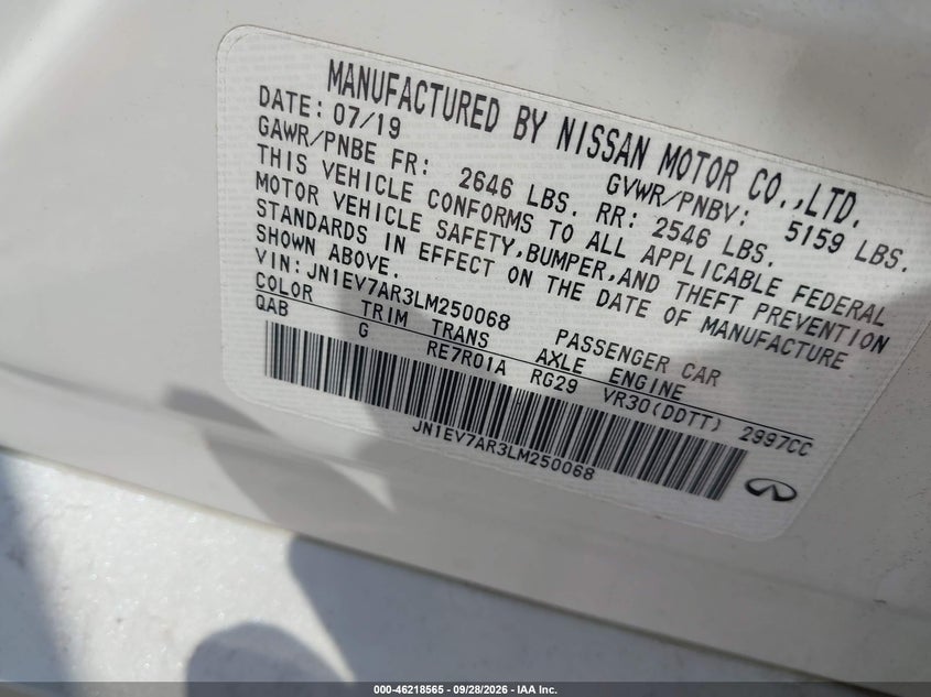 INFINITI Q50 2020 VIN JN1EV7AR3LM250068