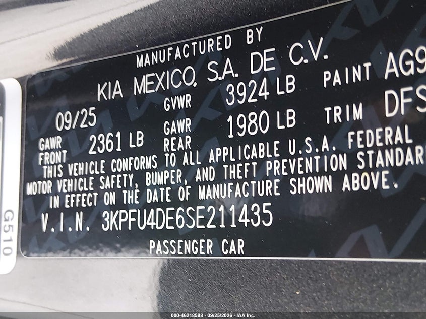 KIA K4 2025 VIN 3KPFU4DE6SE211435