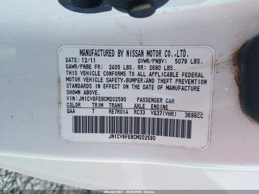 INFINITI G37 2012 VIN JN1CV6FE8CM202590