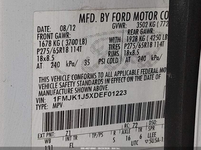 FORD EXPEDITION EL 2013 VIN 1FMJK1J5XDEF01223