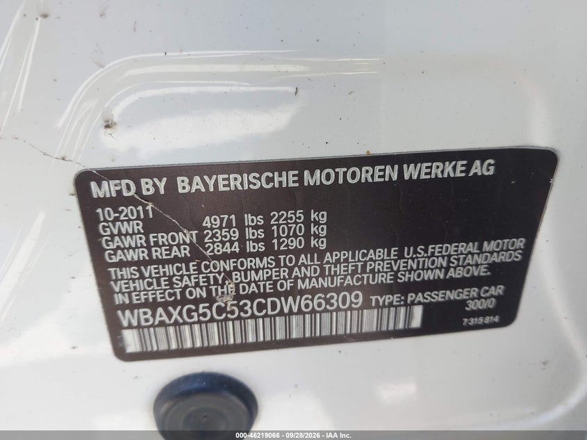 BMW 528I 2012 VIN WBAXG5C53CDW66309