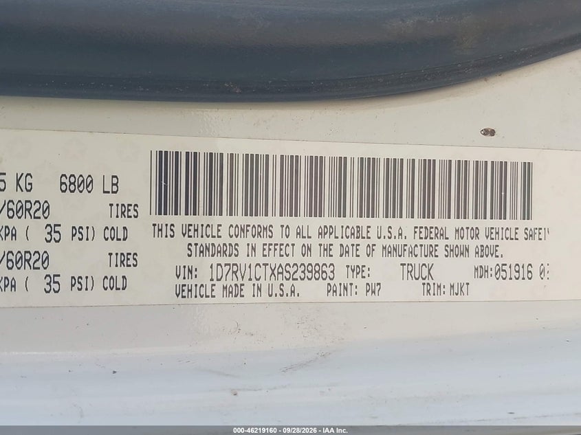 DODGE RAM 1500 2010 VIN 1D7RV1CTXAS239863