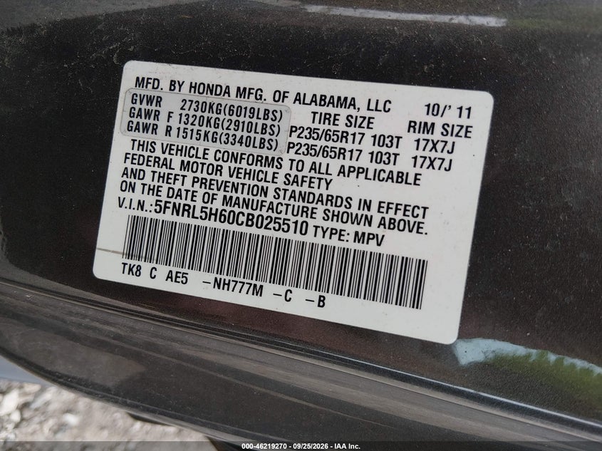 HONDA ODYSSEY 2012 VIN 5FNRL5H60CB025510