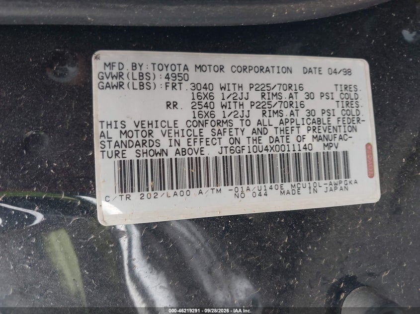 LEXUS RX 300 1999 VIN JT6GF10U4X0011140