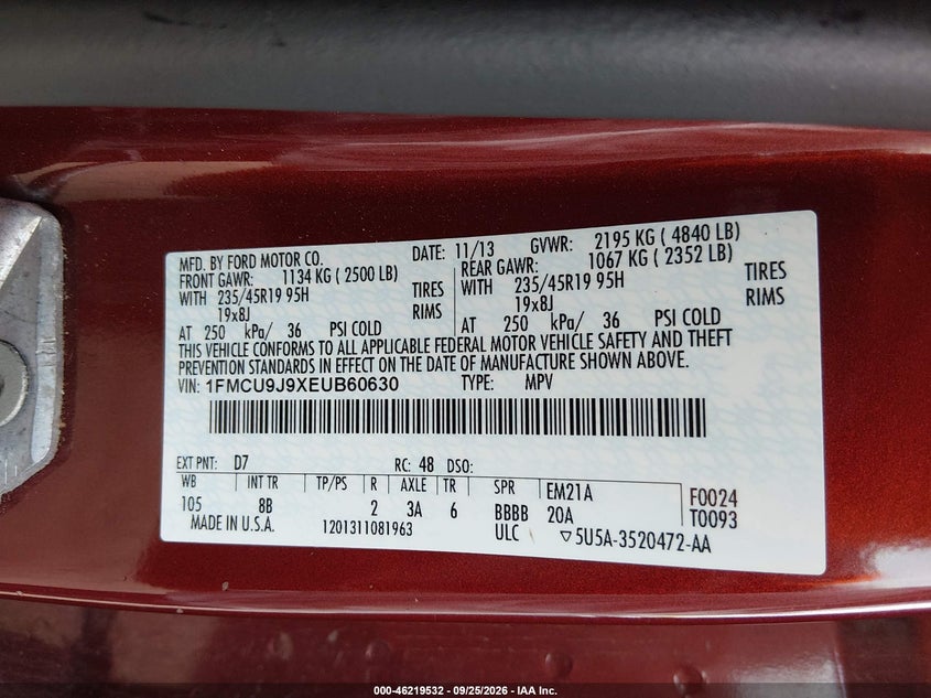 FORD ESCAPE 2014 VIN 1FMCU9J9XEUB60630