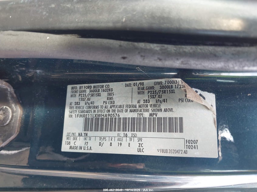 FORD CLUB WAGON 1998 VIN 1FMRE11LXWHA90576