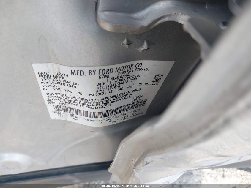 FORD EDGE 2014 VIN 2FMDK3JC7EBB84795