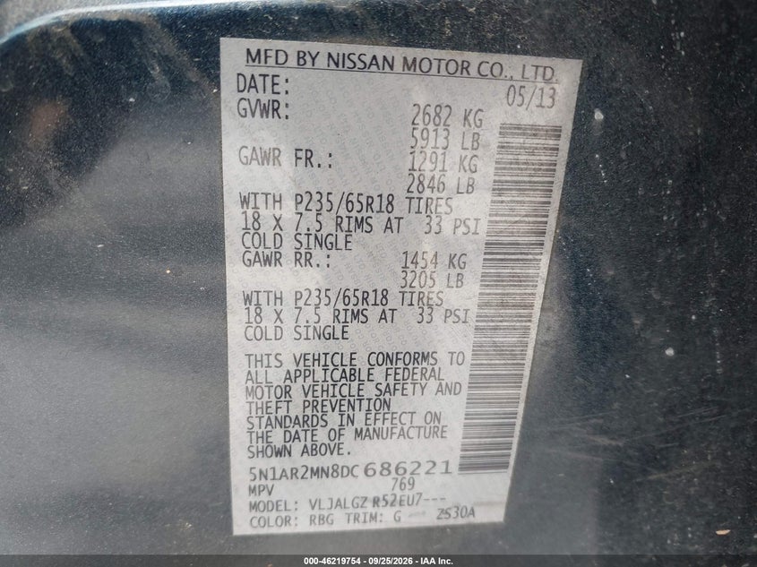 NISSAN PATHFINDER 2013 VIN 5N1AR2MN8DC686221
