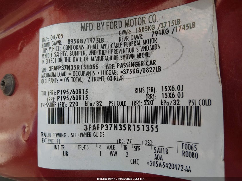 FORD FOCUS 2005 VIN 3FAFP37N35R151355
