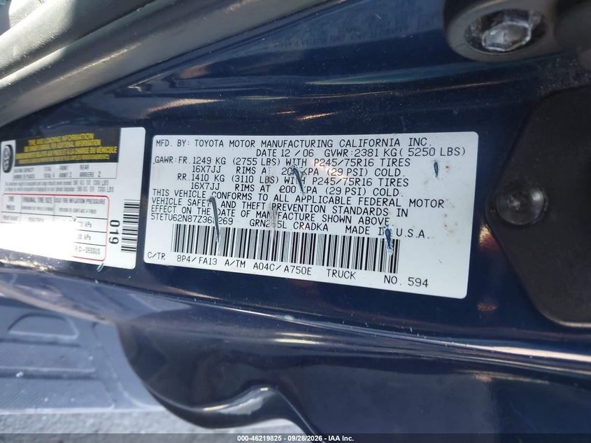 TOYOTA TACOMA 2007 VIN 5TETU62N87Z368269