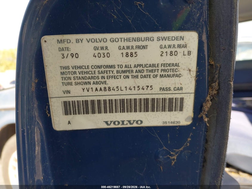VOLVO 240 1990 VIN YV1AA8845L1415475