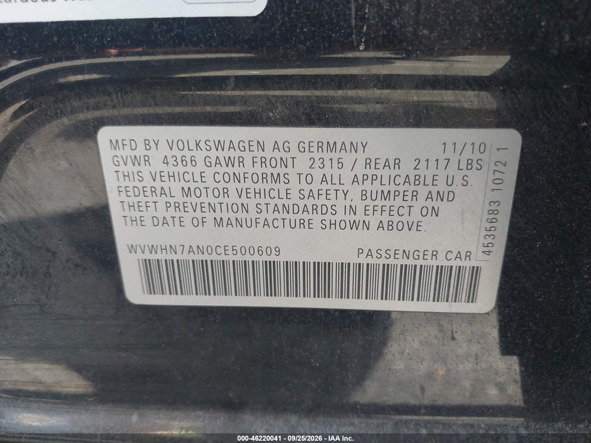VOLKSWAGEN CC 2012 VIN WVWHN7AN0CE500609
