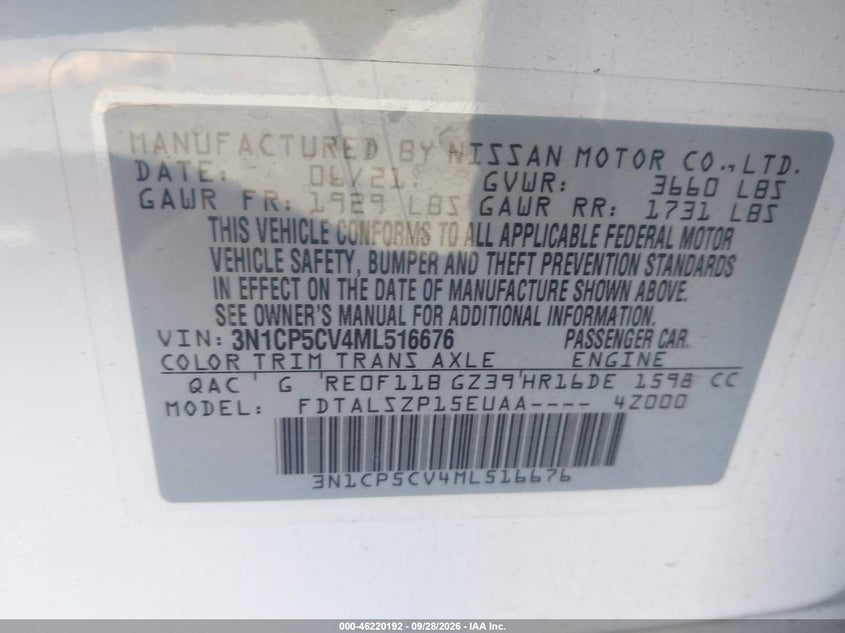 NISSAN RETROCESOS 2021 VIN 3N1CP5CV4ML516676