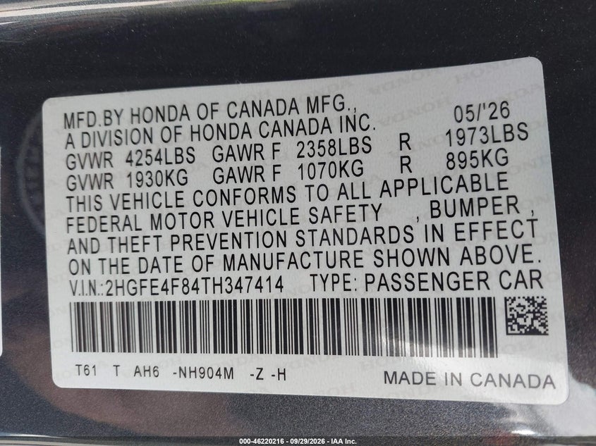 HONDA CIVIC HYBRID 2026 VIN 2HGFE4F84TH347414