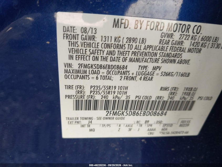 FORD FLEX 2014 VIN 2FMGK5D86EBD08684