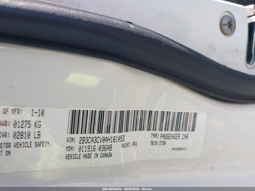 DODGE CHARGER 2010 VIN 2B3CA3CV0AH181053