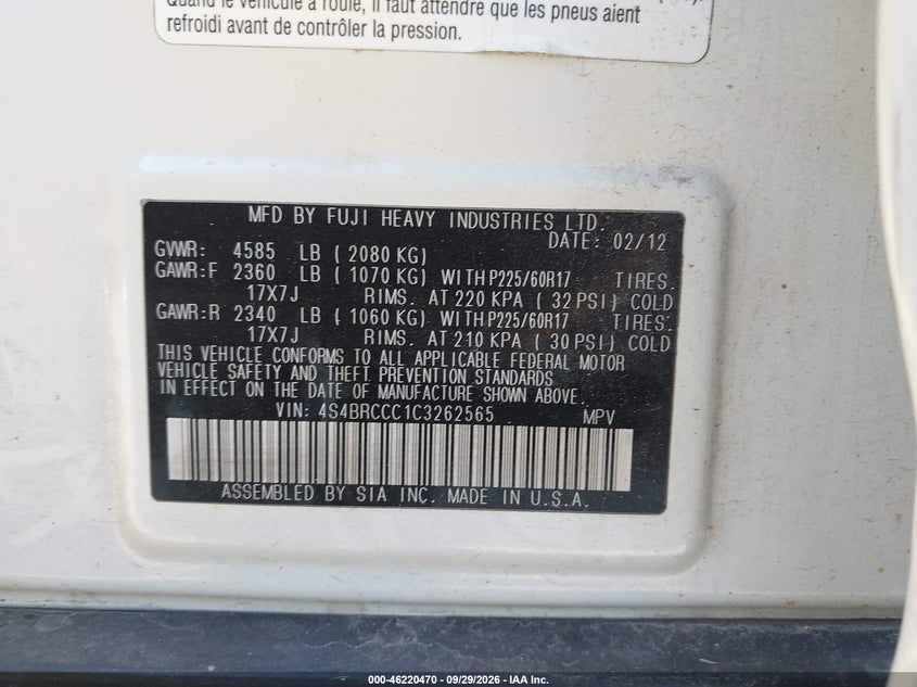 SUBARU OUTBACK 2012 VIN 4S4BRCCC1C3262565