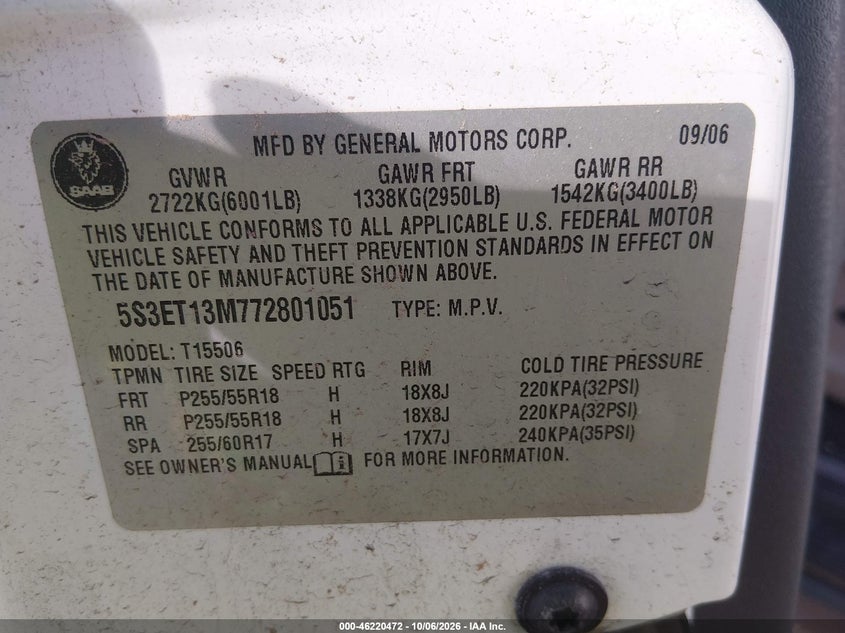 SAAB 9-7X 2007 VIN 5S3ET13M772801051