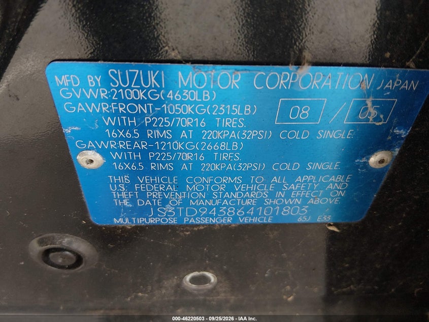 SUZUKI GRAND VITARA 2006 VIN JS3TD943864101803