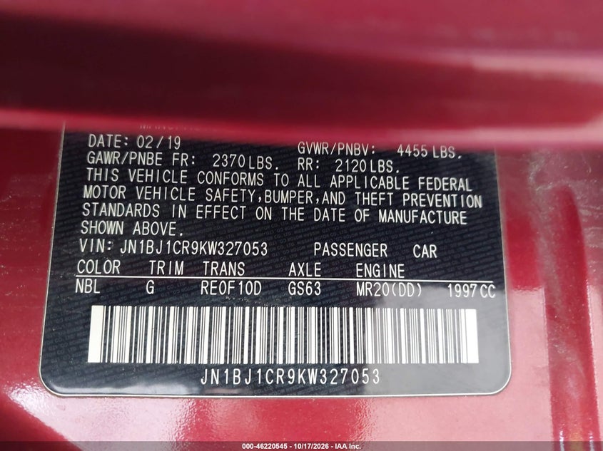 NISSAN ROGUE SPORT 2019 VIN JN1BJ1CR9KW327053