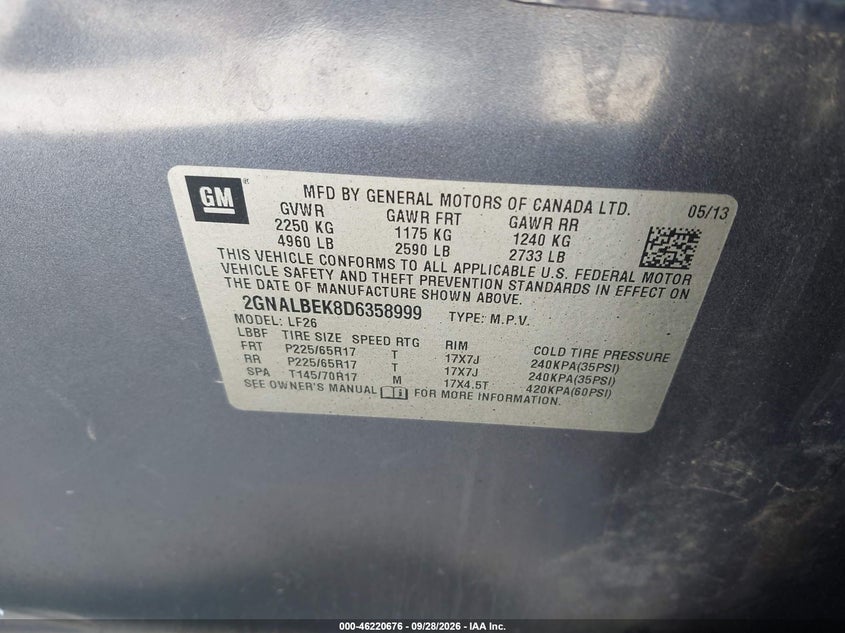 CHEVROLET EQUINOX 2013 VIN 2GNALBEK8D6358999