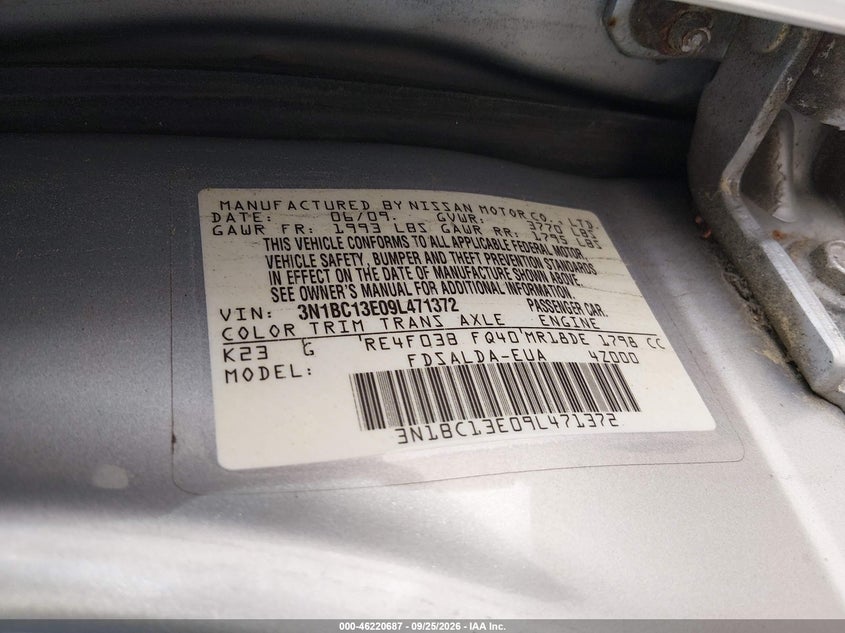 NISSAN VERSA 2009 VIN 3N1BC13E09L471372
