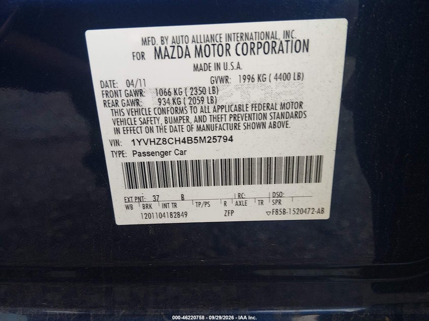 MAZDA MAZDA6 2011 VIN 1YVHZ8CH4B5M25794