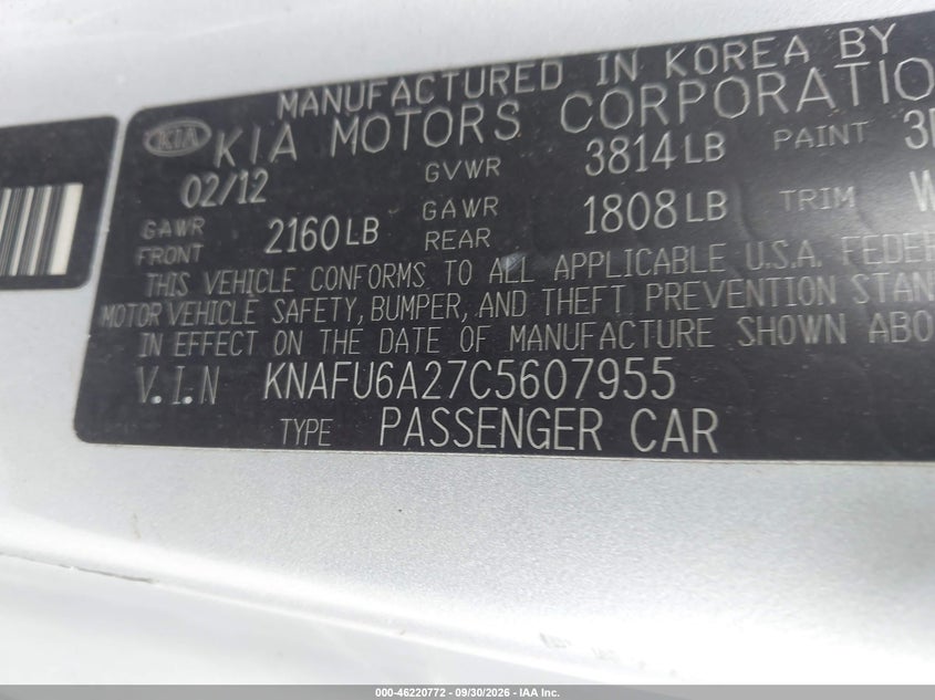 KIA FORTE KOUP 2012 VIN KNAFU6A27C5607955