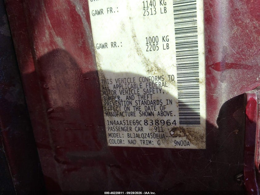 NISSAN MAXIMA 2009 VIN 1N4AA51E69C838964