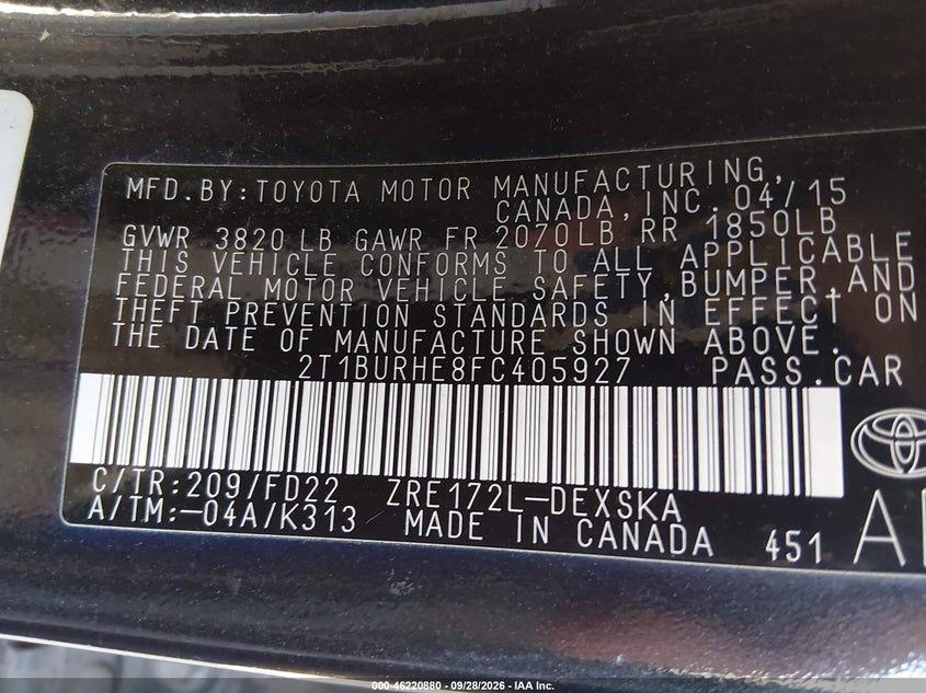 TOYOTA COROLLA 2015 VIN 2T1BURHE8FC405927