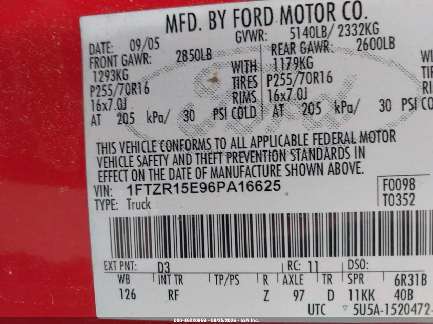 FORD RANGER 2006 VIN 1FTZR15E96PA16625