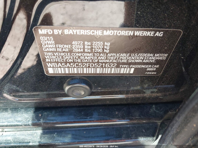 BMW 528I 2015 VIN WBA5A5C52FD521632