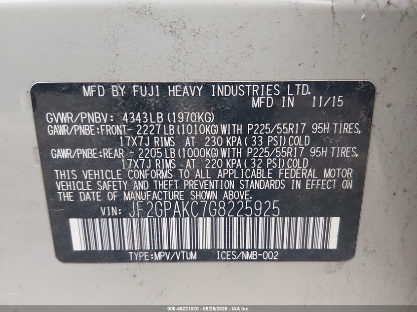SUBARU CROSSTREK 2016 VIN JF2GPAKC7G8225925