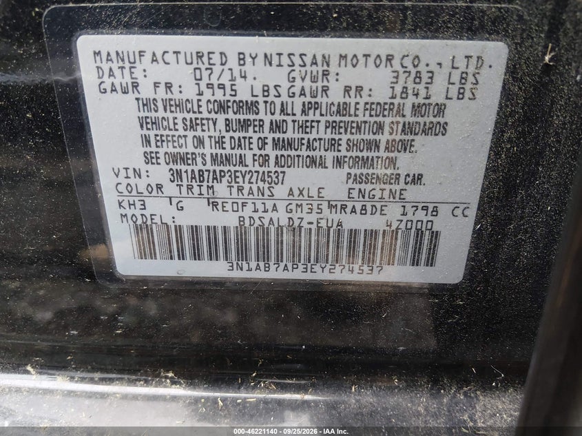 NISSAN SENTRA 2014 VIN 3N1AB7AP3EY274537