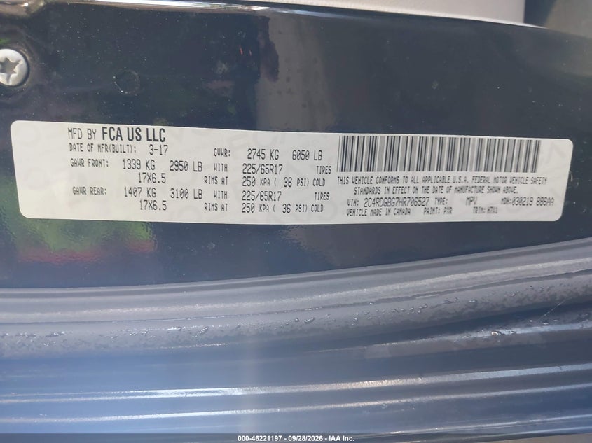 DODGE GRAND CARAVAN 2017 VIN 2C4RDGBG7HR706527