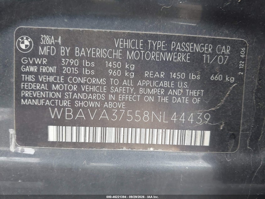 BMW 328I 2008 VIN WBAVA37558NL44439