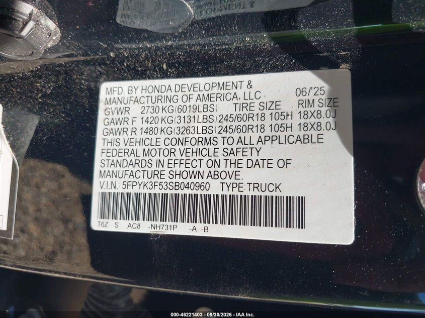 HONDA RIDGELINE 2025 VIN 5FPYK3F53SB040960