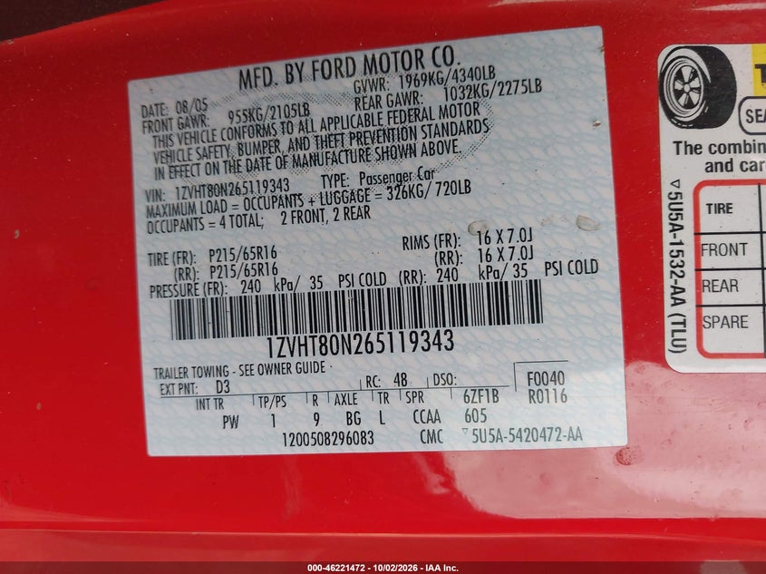 FORD MUSTANG 2006 VIN 1ZVHT80N265119343
