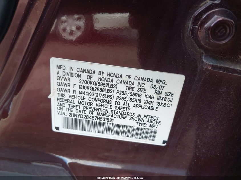 ACURA MDX 2007 VIN 2HNYD28457H531821