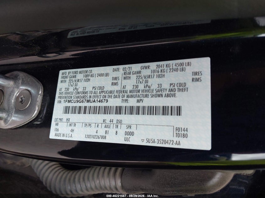 FORD ESCAPE 2021 VIN 1FMCU9G67MUA14679