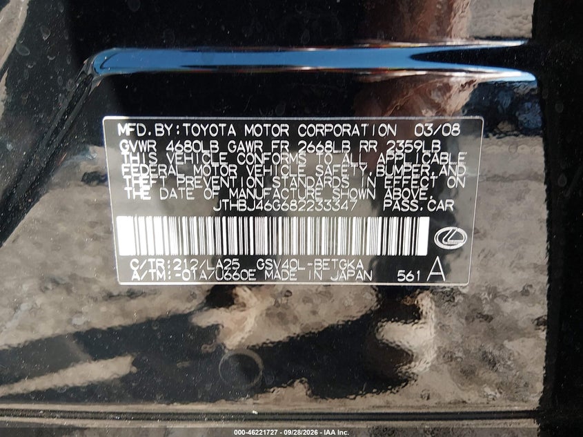 LEXUS ES 350 2008 VIN JTHBJ46G682233347