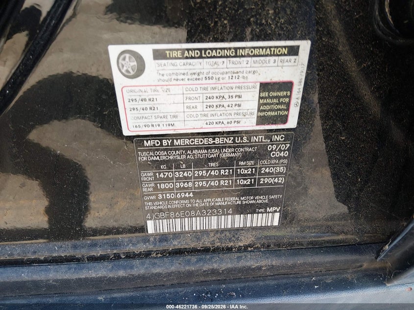 MERCEDES-BENZ GL 550 2008 VIN 4JGBF86E08A323314